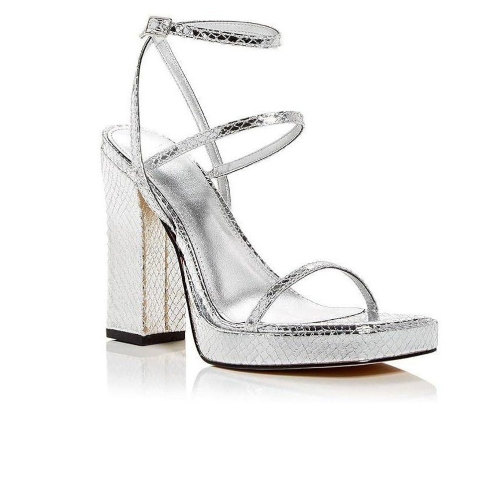 Marc Fisher LTD 9M Kati Silver Metallic‎ Snakeskin Platform Block Heel Sandals